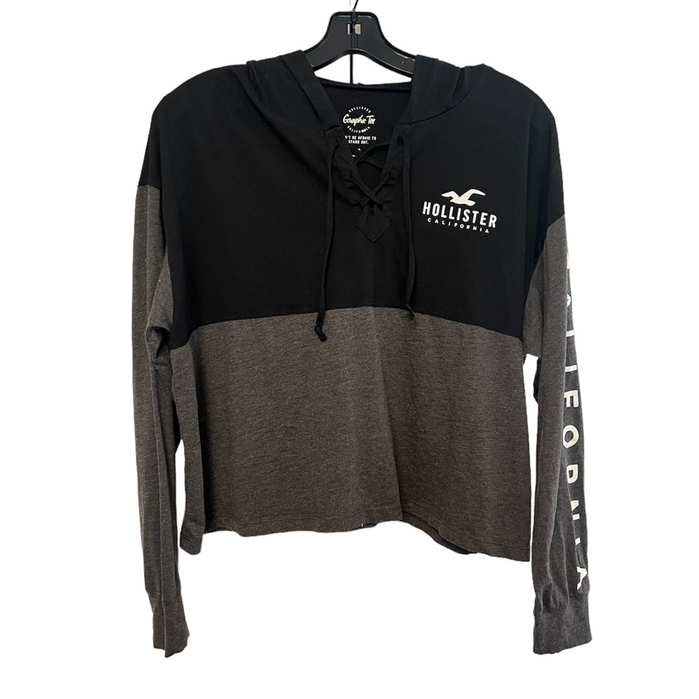 Hollister Cropped Hoodie Color Block Black/Gray (Size S)